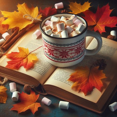 A mug of cocoa with marshmallows on a book and leaves