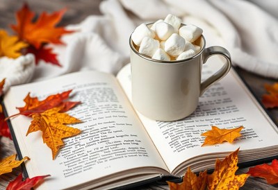 Hot chocolate with marshmallows on a book and leaves