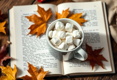 Hot cocoa with marshmallows on a book with leaves