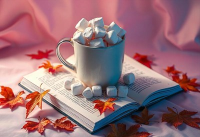 Hot chocolate with marshmallows on a book, autumn leaves