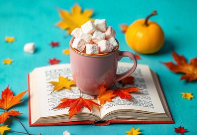 A pink mug of marshmallows rests on a book with leaves