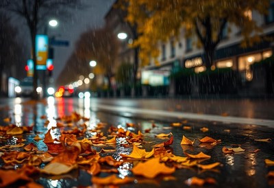 Fallen leaves cover a wet city street at night
