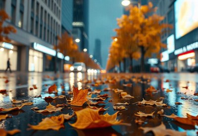 Fallen leaves lie on a wet city street at night