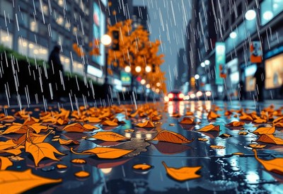 Fallen leaves float in a puddle on a rainy city street