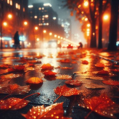 Wet leaves cover a city street at night