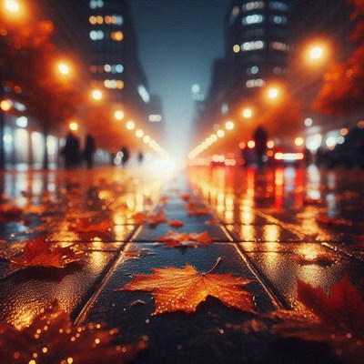 Wet leaves on a city street at night