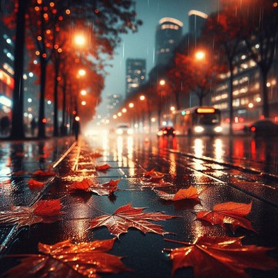 Wet leaves lie on a city street at night