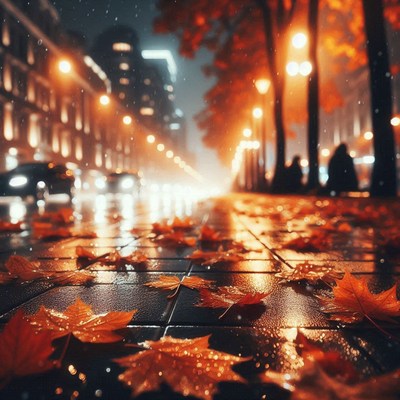 Autumn leaves lay on a wet city sidewalk at night