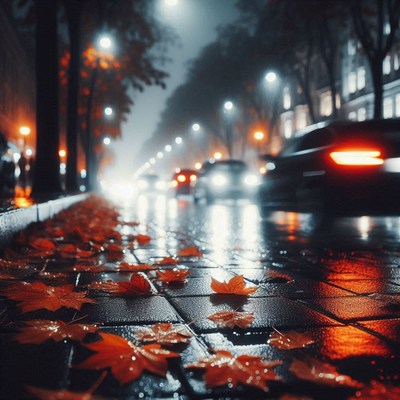 Red leaves litter a wet city street at night