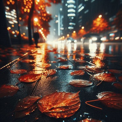 Autumn leaves on a wet sidewalk in the city
