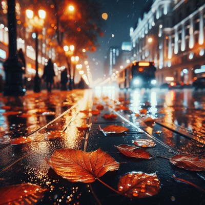Wet leaves litter a city street at night