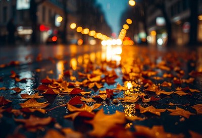 Wet leaves on a city street at night