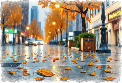 Rain dampens autumn leaves on a city street