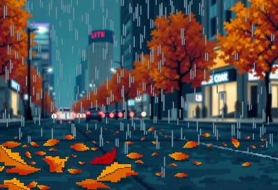 Rain falls on the city street in the evening