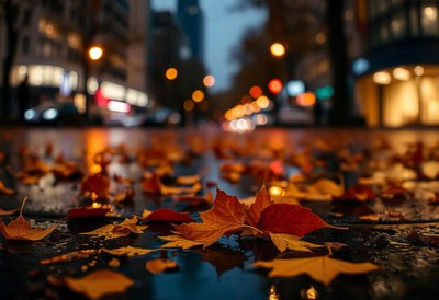 Fallen leaves on a city street at night