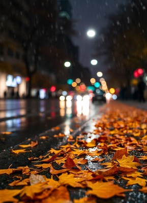 Fallen leaves lay on a wet sidewalk in the city at night