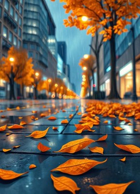 Fallen leaves litter the sidewalk in a rainy city street