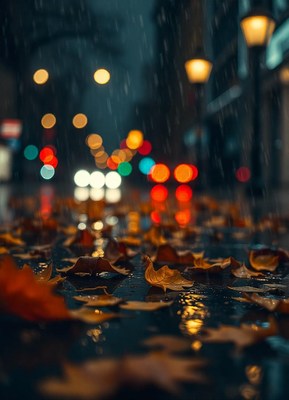 Leaves lie on a wet street in the rain at night