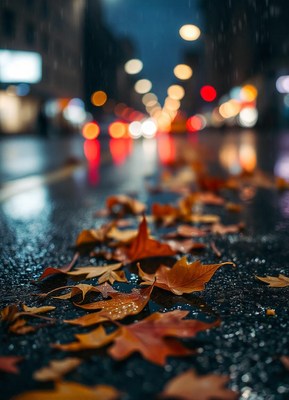 Wet leaves on a city street at night