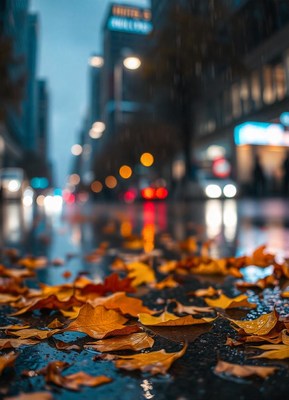Fallen leaves in a city street after a rain shower