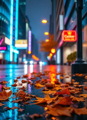 Fallen leaves on a wet city street at night