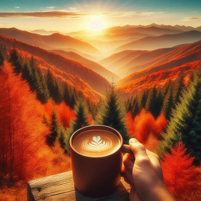 A warm drink in a mountainous landscape at sunrise
