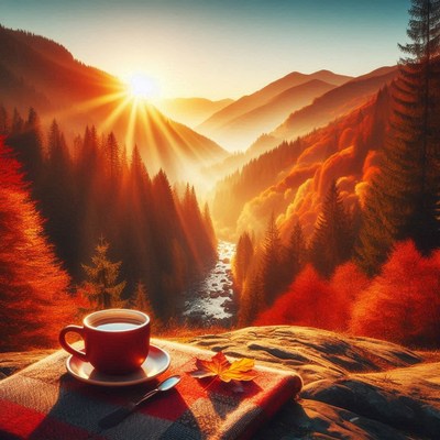 A cup of coffee at sunrise in the mountains
