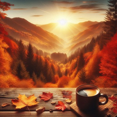 A cup of coffee overlooking a valley at sunrise