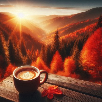 A cup of coffee with a leaf rests on a wooden table
