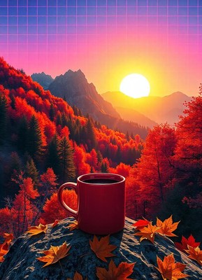 Coffee at sunrise over a mountain forest