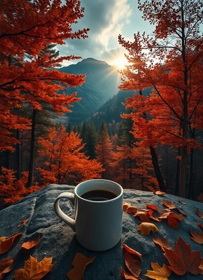 A cup of coffee on a rock in a mountain forest during sunset