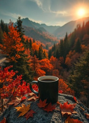 Coffee on a rock with autumn leaves in mountains