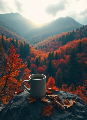 A white mug filled with coffee sits on a large gray rock