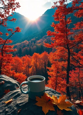 A cup of coffee in a mountain forest during autumn