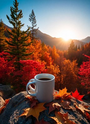 A cup of coffee on a rock surrounded by fall leaves