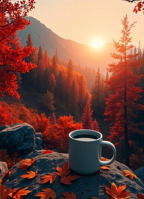 A cup of coffee on a rock overlooking a forest at sunrise