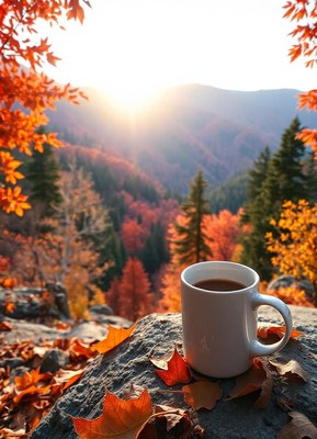 A cup of coffee on a rock overlooking fall foliage