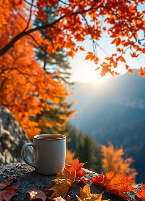 A cup of coffee on a rock with fall leaves in the mountains