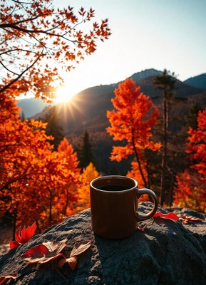 Coffee on a rock with fall leaves behind