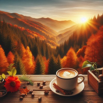Coffee on wood table with fall mountain view