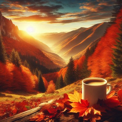 Coffee rests on a log amidst autumn leaves at dawn