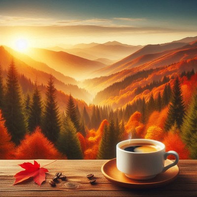 Coffee on a table with a mountain view