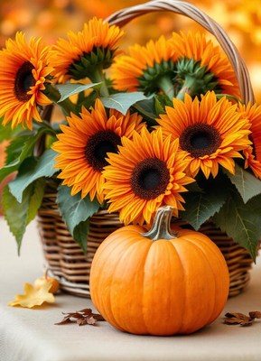 Sunflowers and a pumpkin in a basket on a fall day