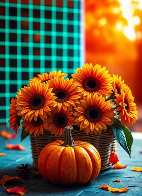 A pumpkin sits next to a basket of sunflowers