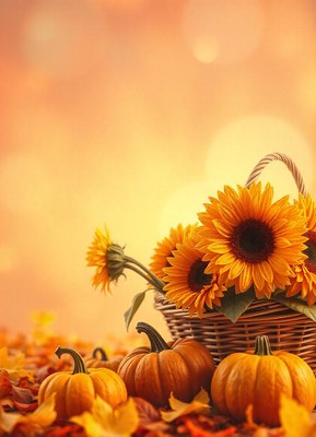 Sunflowers and pumpkins sit on a bed of leaves