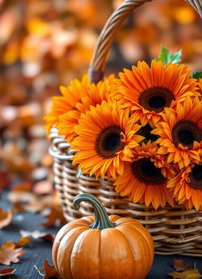 A basket of sunflowers sits beside a pumpkin in the fall