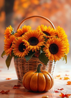 Sunflowers and a pumpkin on an autumn table