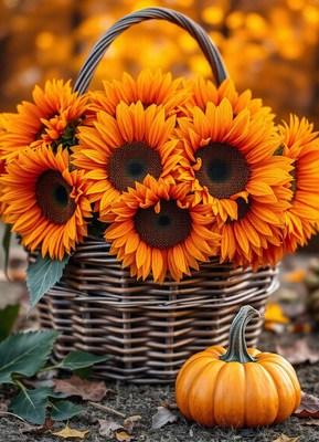 Sunflowers beside a small pumpkin in fall
