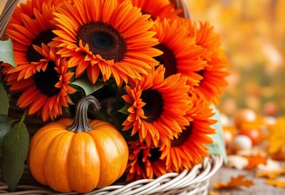A small pumpkin sits in a basket of orange sunflowers