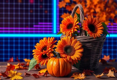 Sunflowers and a pumpkin sit on a table with fall leaves